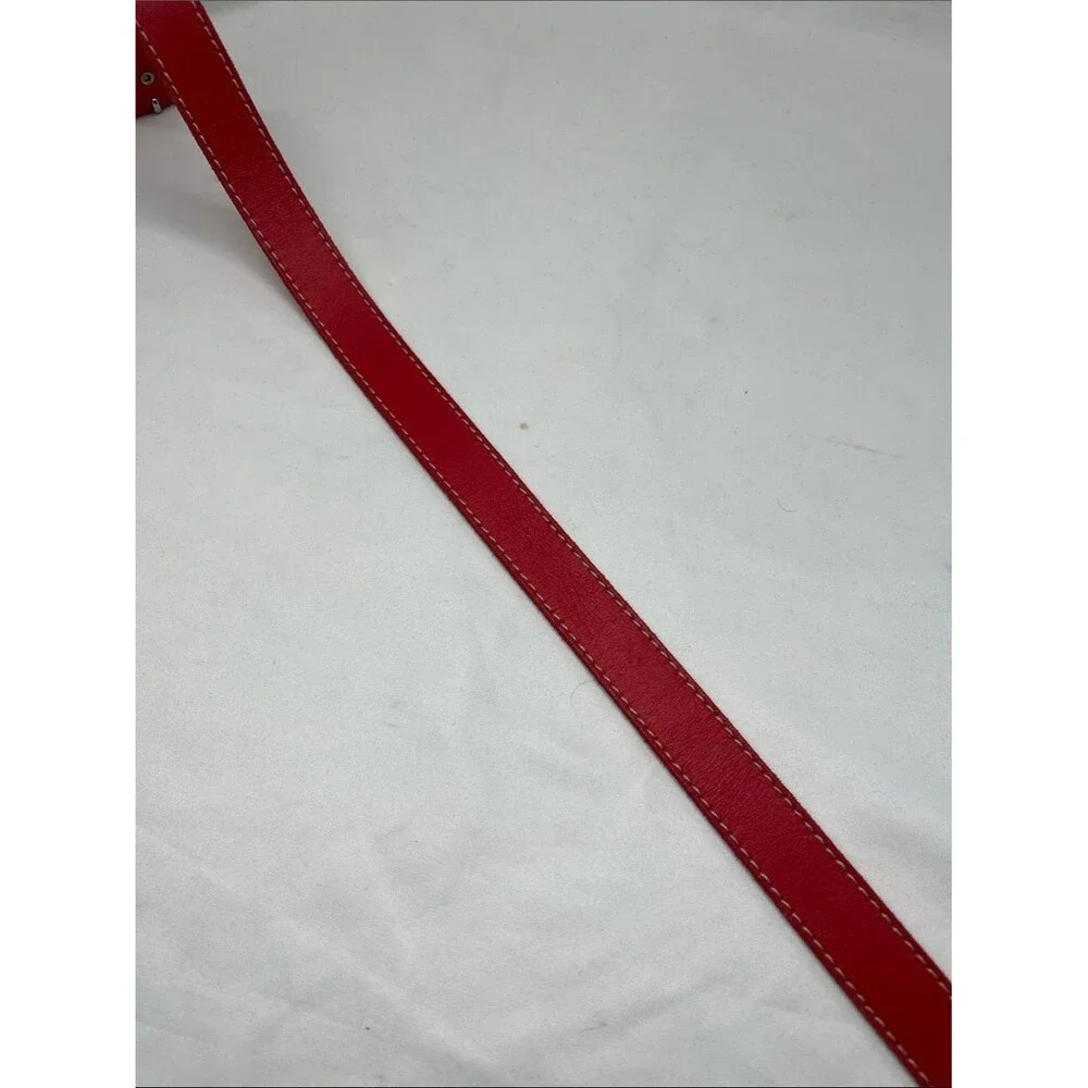 Red Genuine Leather Skinny Belt with Silver Toned Metal Buckle